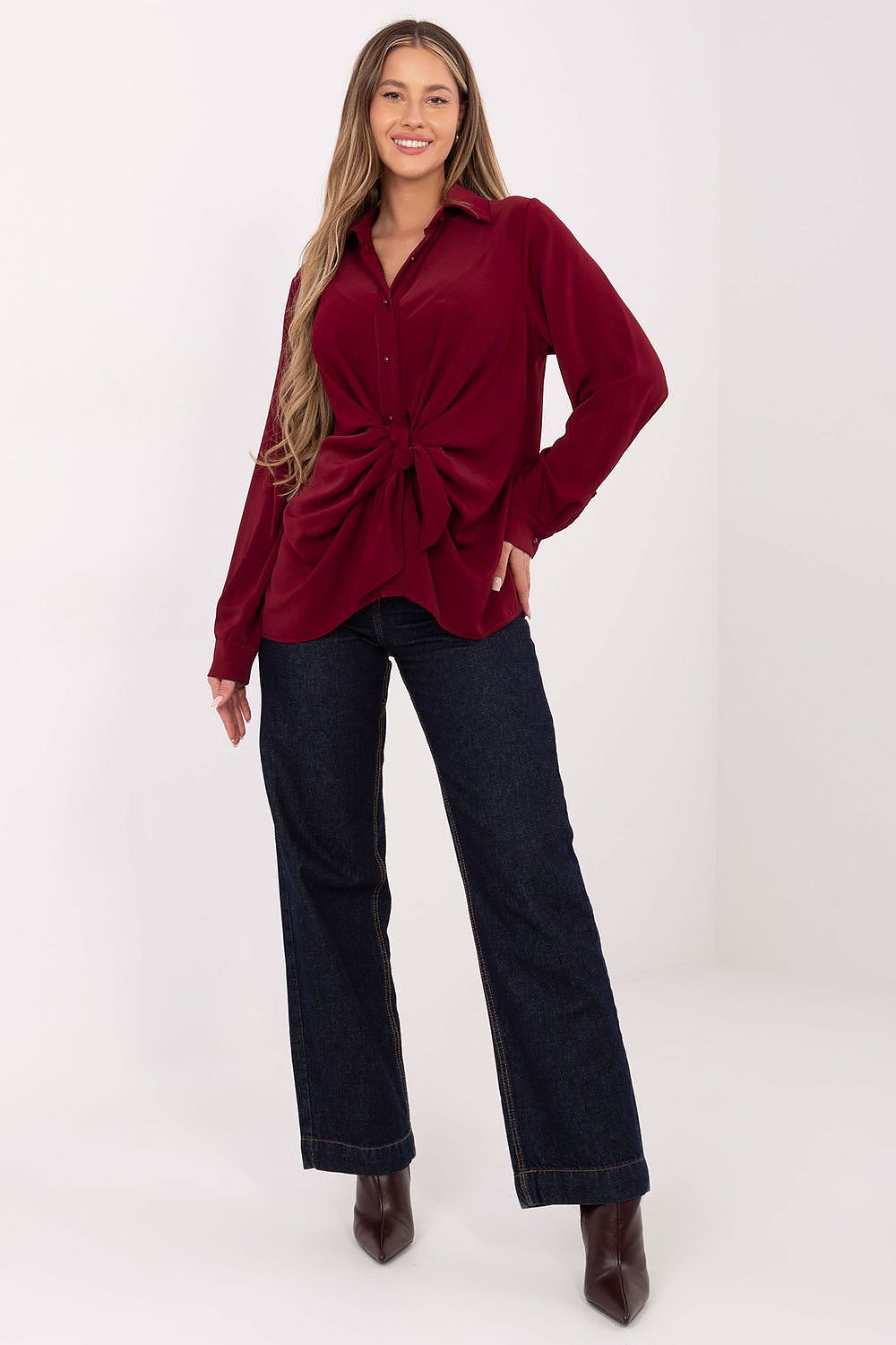 Women's long-sleeve button-up shirt, burgundy with tie-front and collar