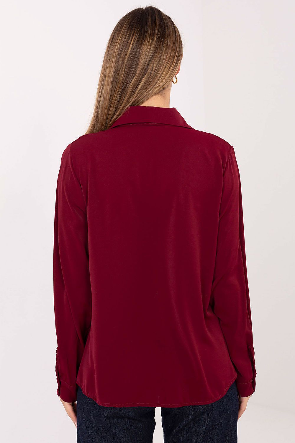 Women's long-sleeve button-up shirt, burgundy with collar, back view