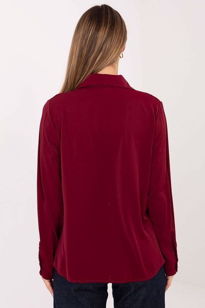 Women's long-sleeve button-up shirt, burgundy with collar, back view