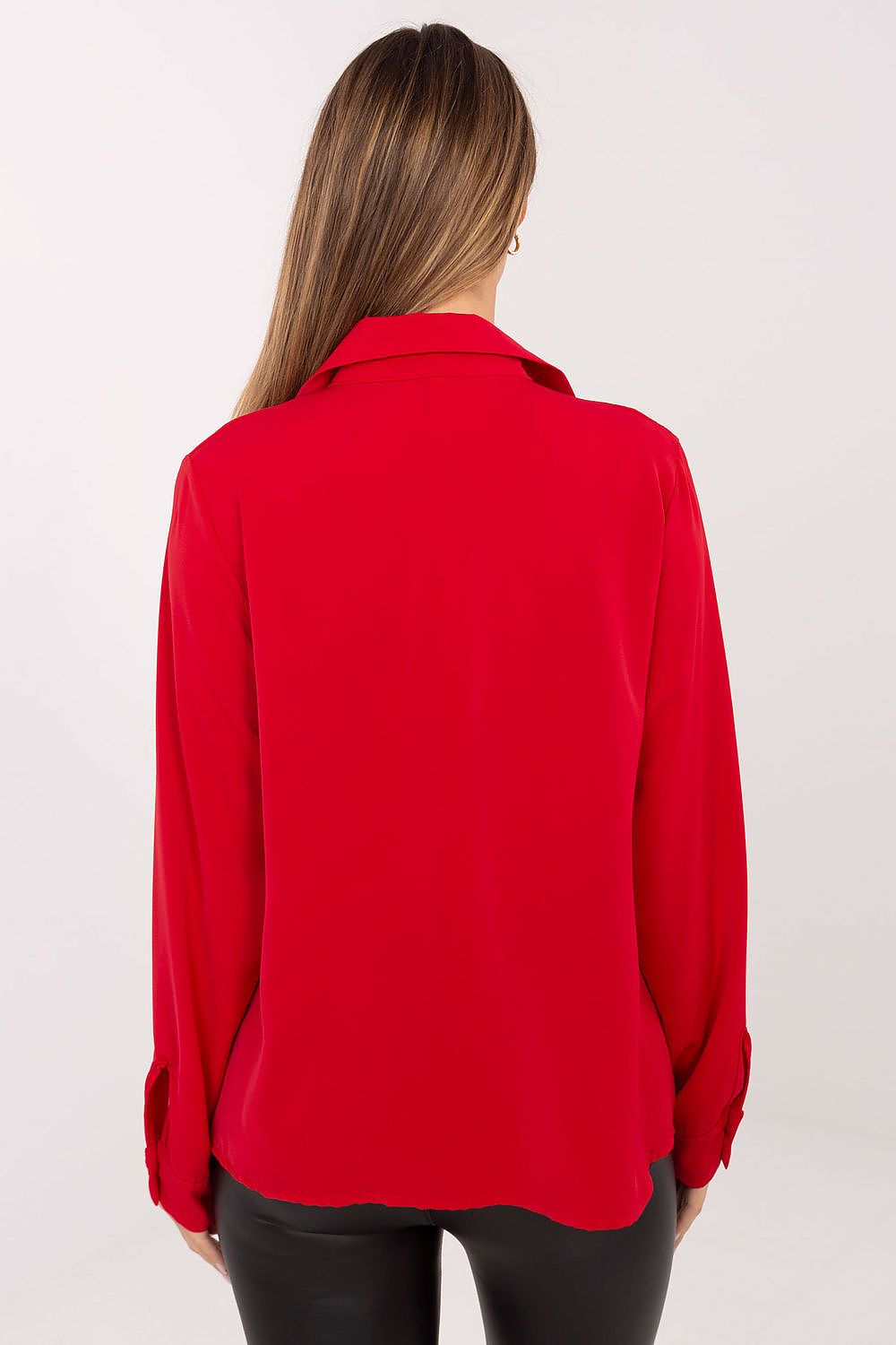 Women's long-sleeve button-up shirt, red with collar, back view