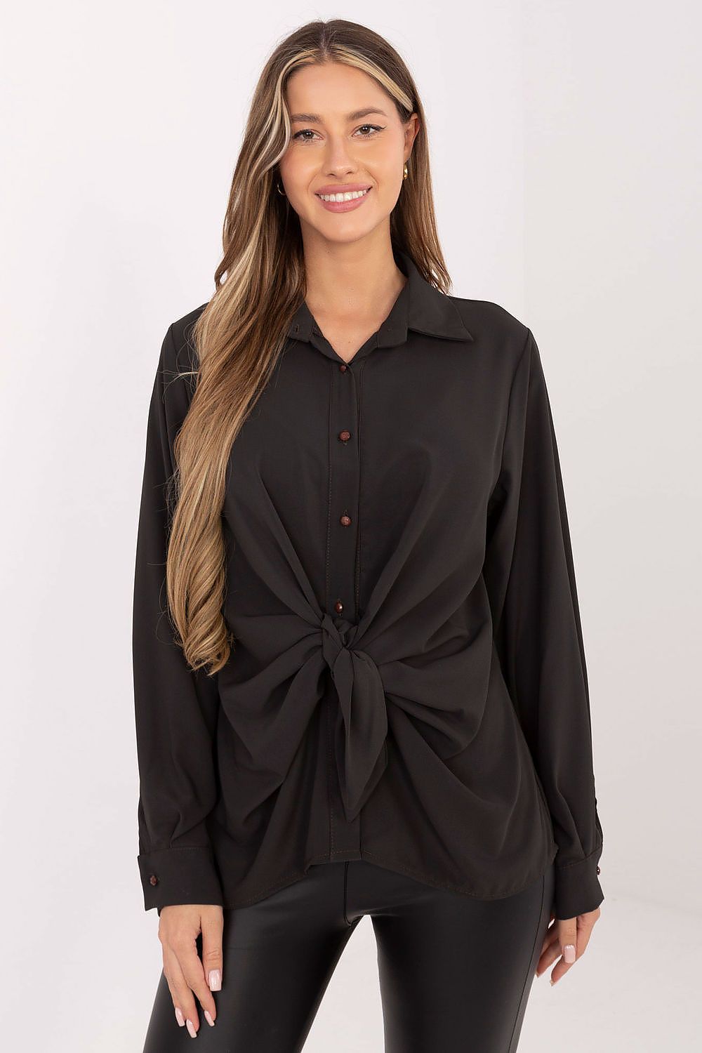 Women's long-sleeve button-up shirt, black with collar and tie-front detail