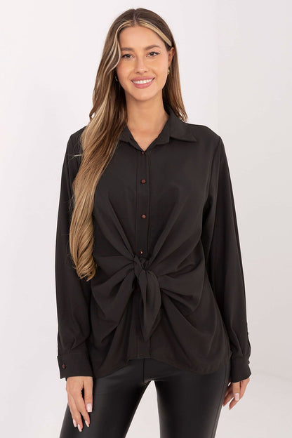 Women's long-sleeve button-up shirt, black with collar and tie-front detail