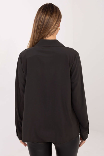 Women's long-sleeve button-up shirt, black with collar, back view