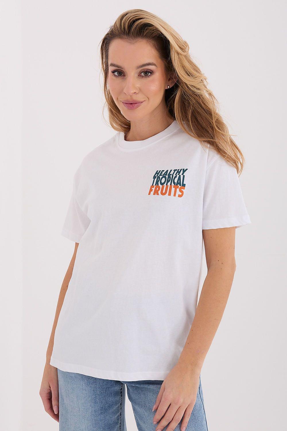 White women's T-shirt with colorful fruit graphic on the chest