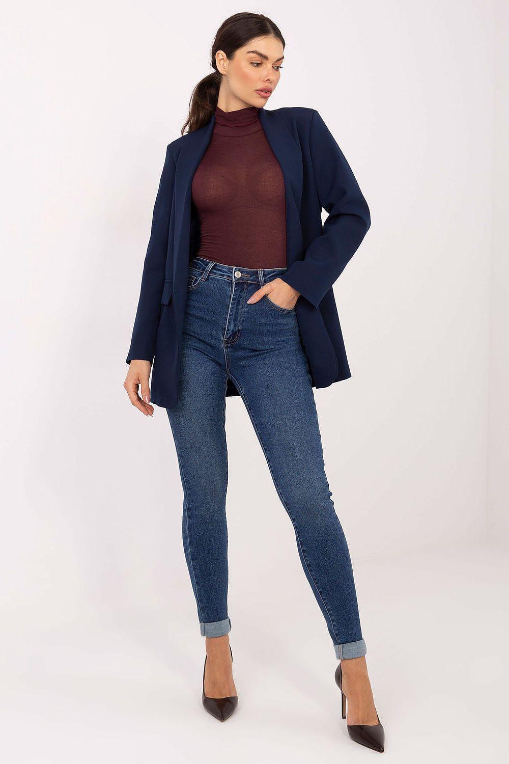 Blue high-waist skinny jeans, fitted denim with ankle-length tapered legs.