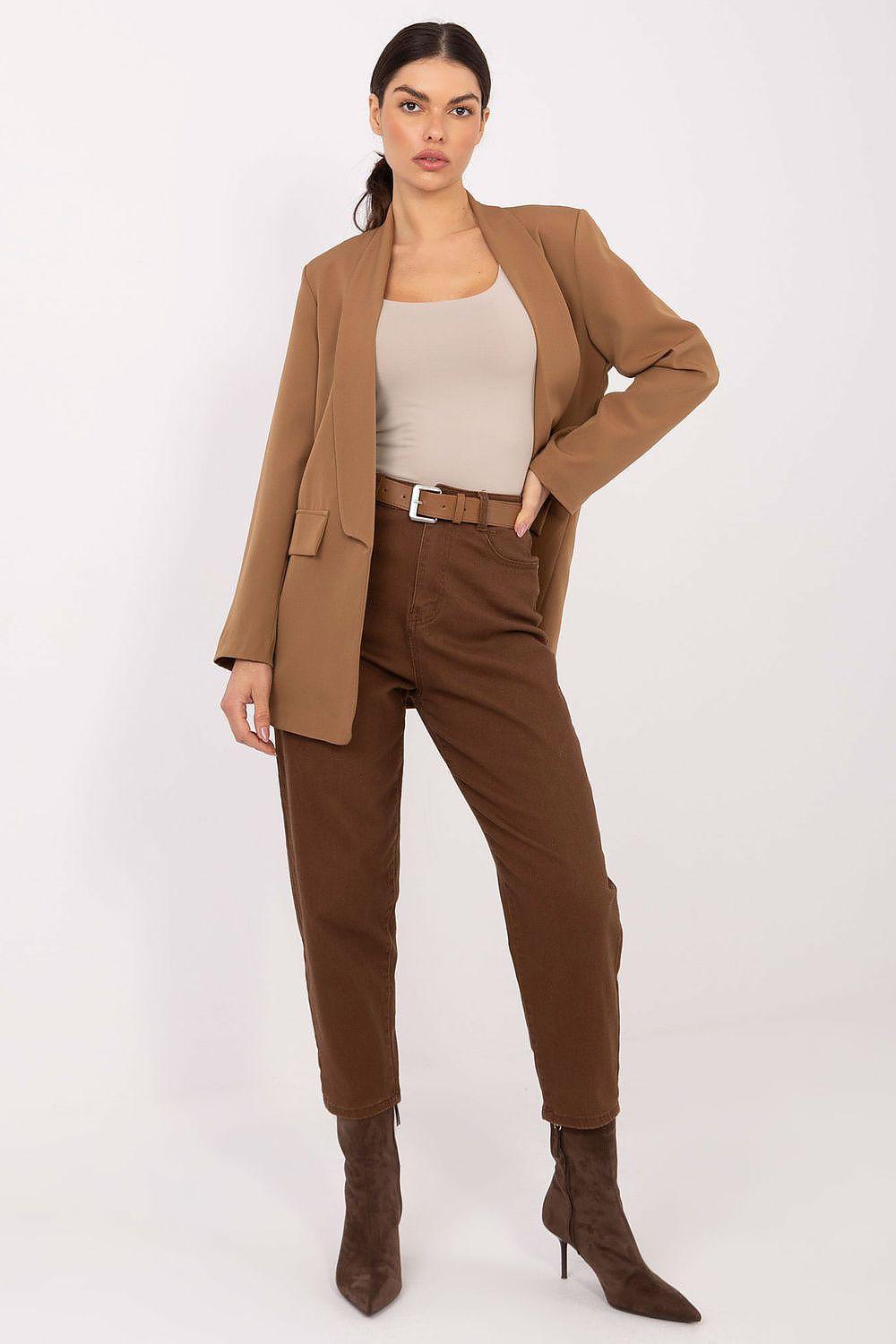 Brown high-waist mom jeans with tapered legs, belt loops and button closure