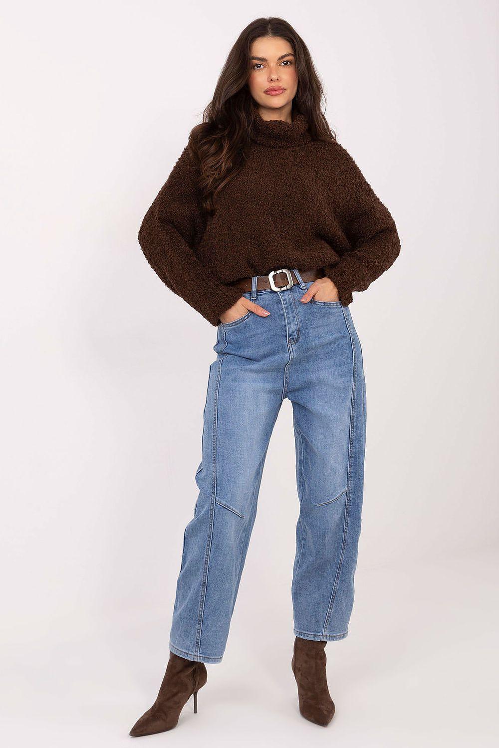 High-waist blue denim balloon-fit jeans with front button and belt loops