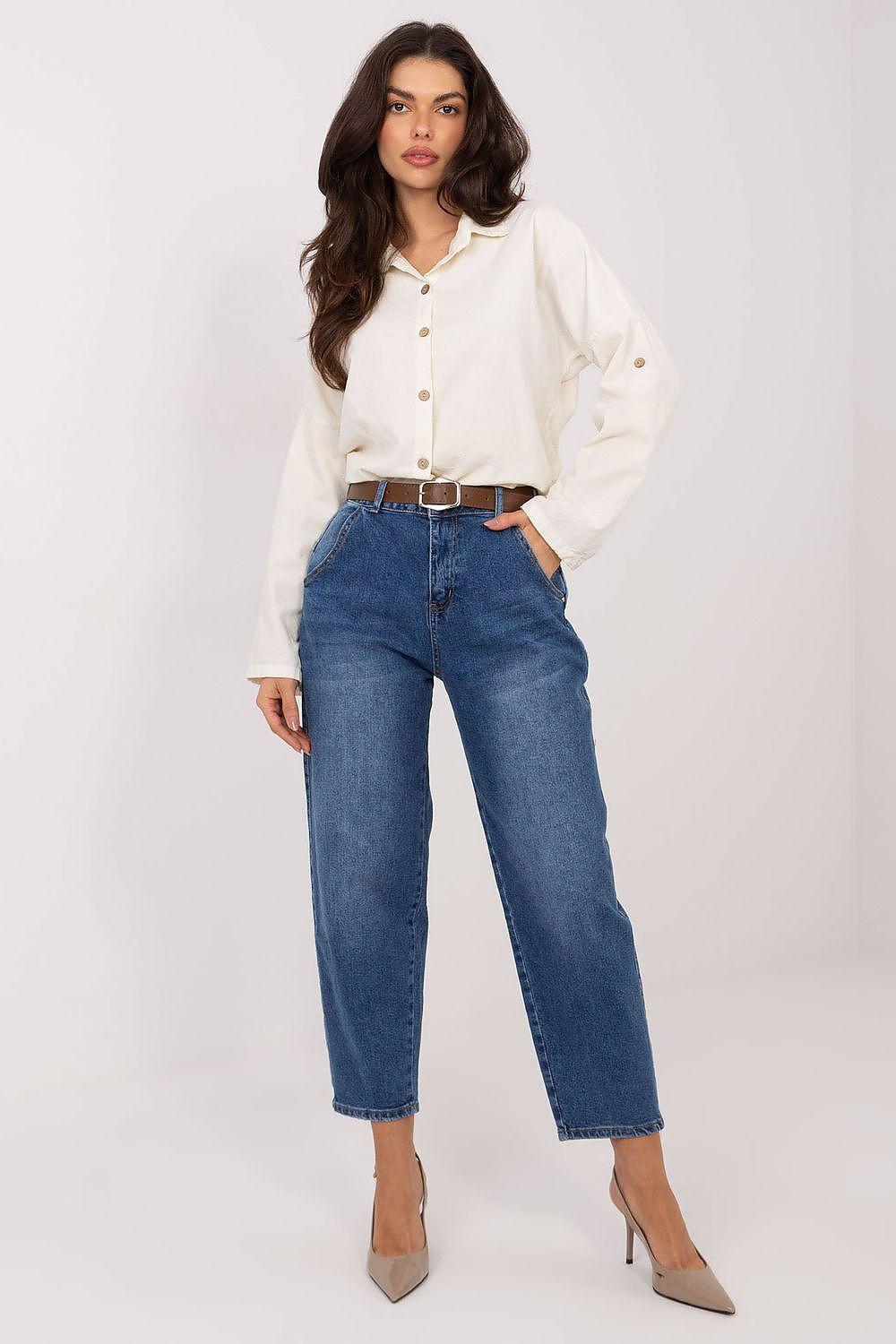 Women's high-waist balloon-fit blue jeans, mid-wash denim with button fly and pockets
