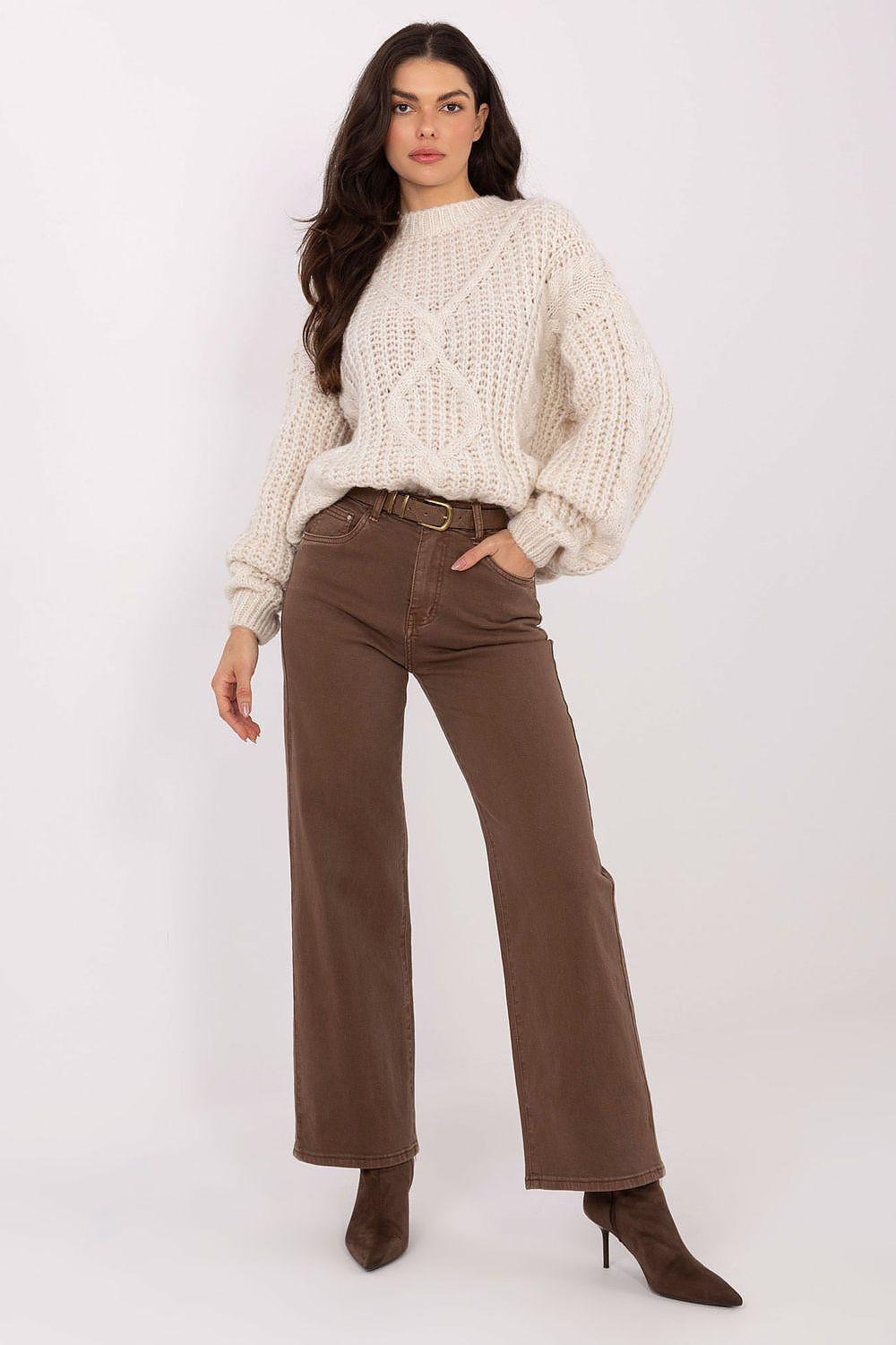 High-waist brown straight-leg jeans with wide waistband and front fly