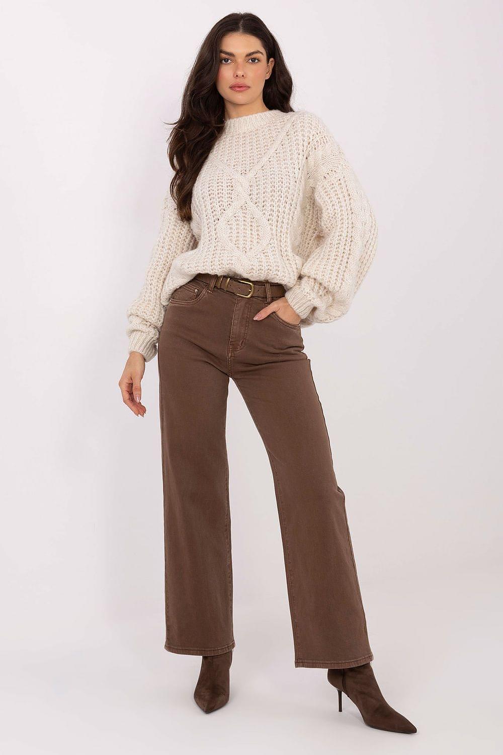 Brown wide-leg jeans with belt loops, button fly, and front pockets.