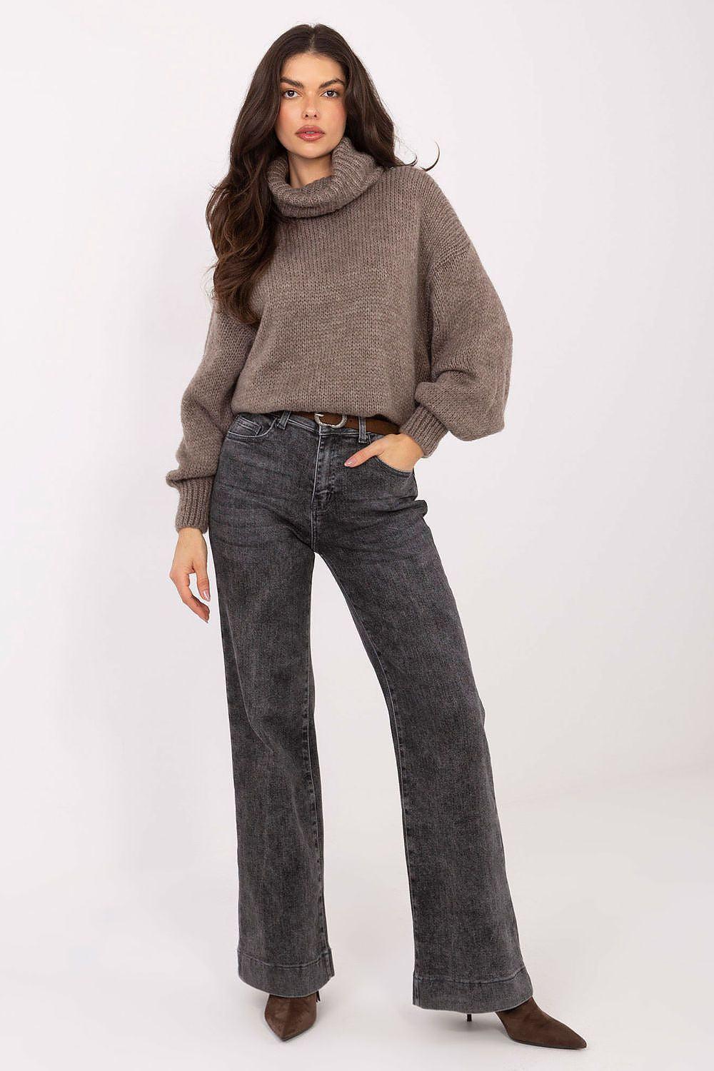 Grey high-waist straight-leg jeans with dark wash, button fly and belt loops