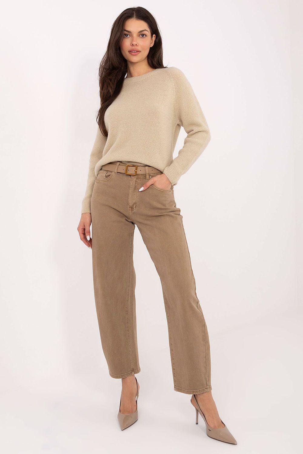 High-waist balloon-fit beige jeans with front button and zipper, belt loops