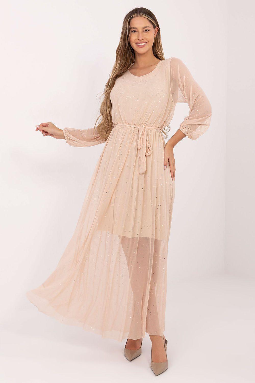 Beige maxi mesh evening dress with long sleeves, gathered waist, tiered skirt