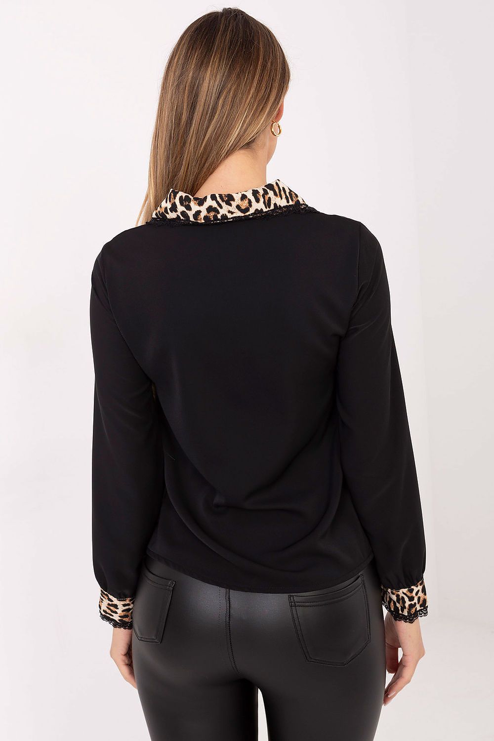Black button-front shirt with leopard print cuffs and high collar, back view