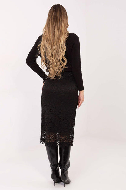 Black lace midi pencil skirt, back view, scalloped lace hem