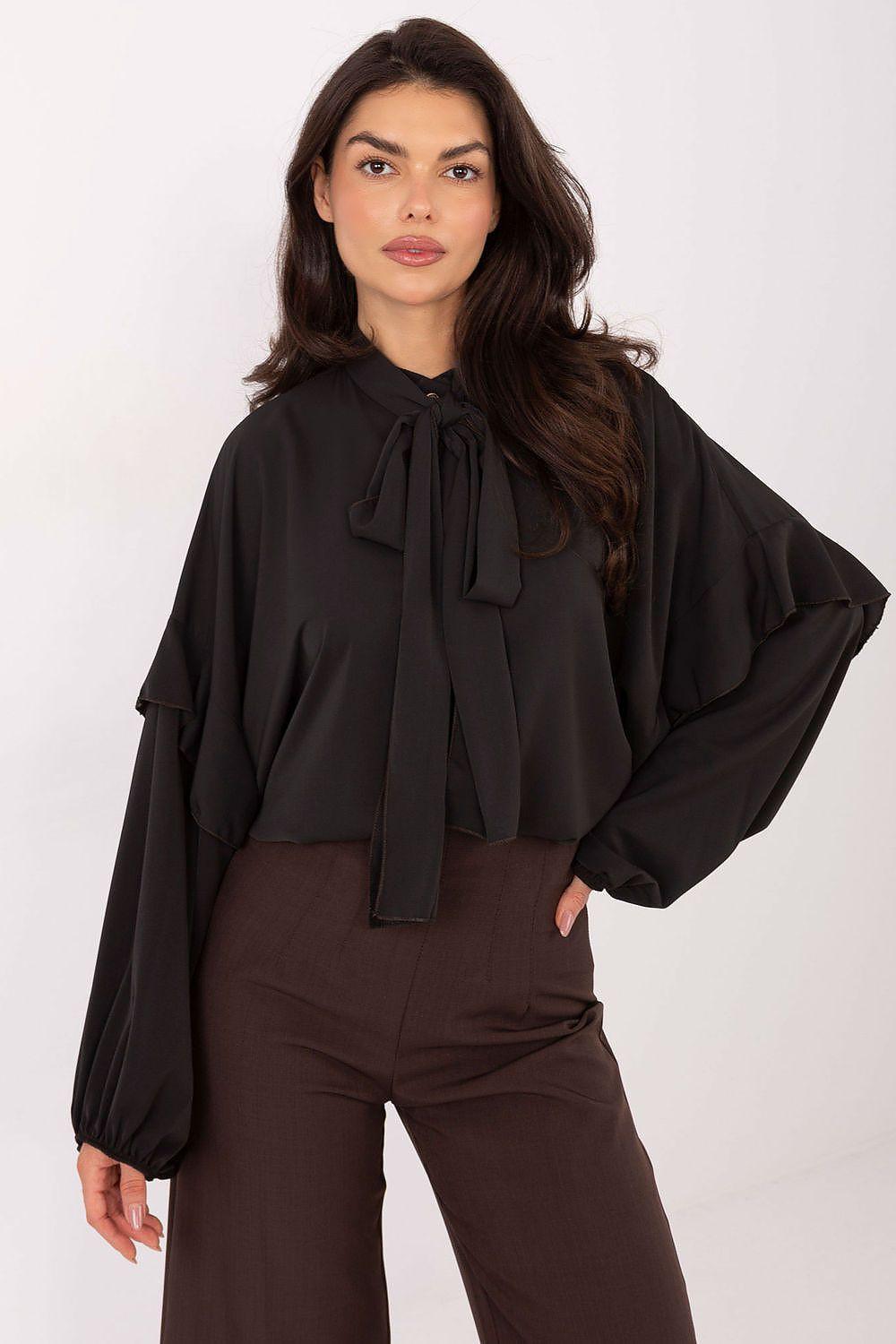 Black long sleeve blouse with tie neck bow and ruffle trim