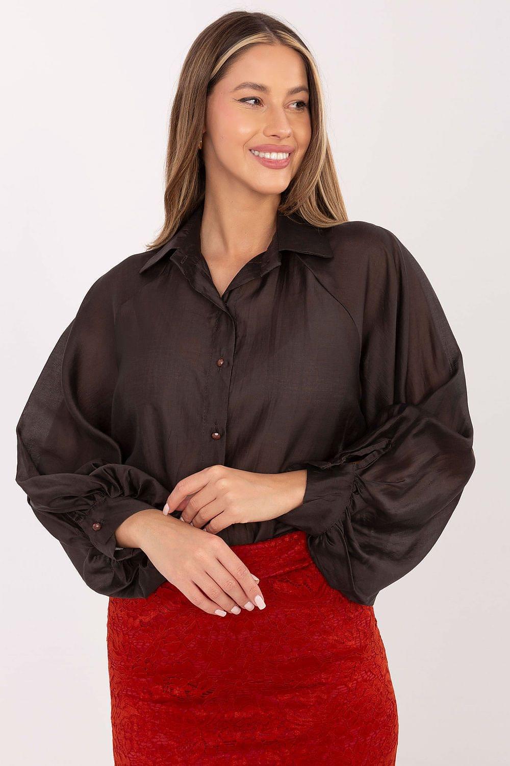 Dark brown long sleeve shirt with button front and relaxed cuffs