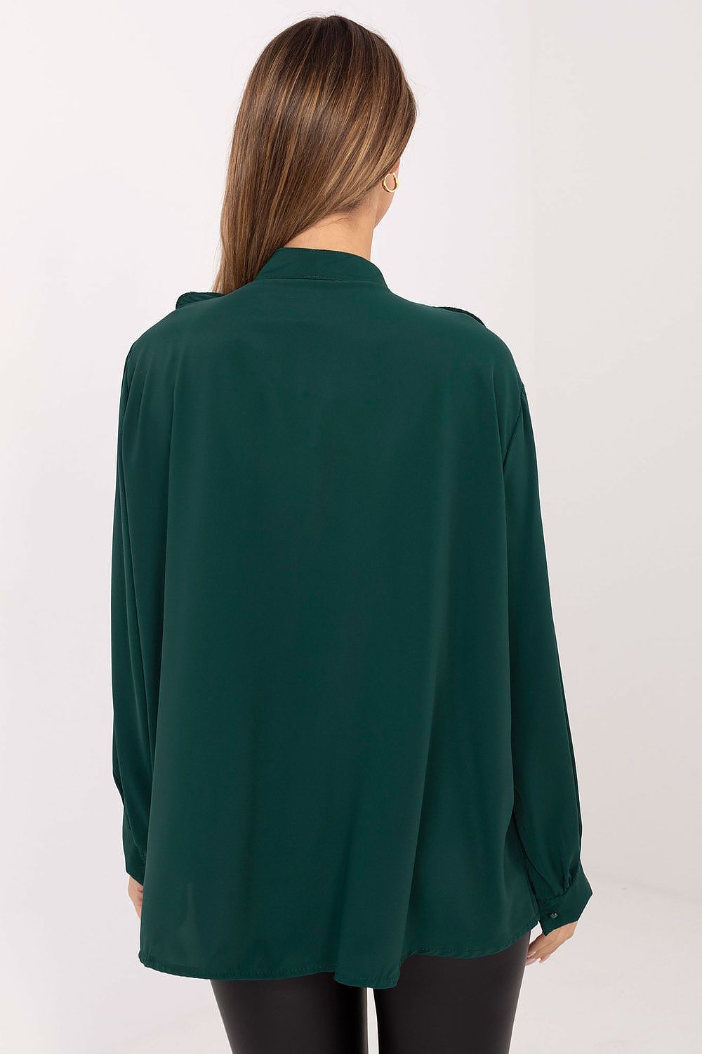 Green ruffle long-sleeve shirt back, loose fit with button cuffs