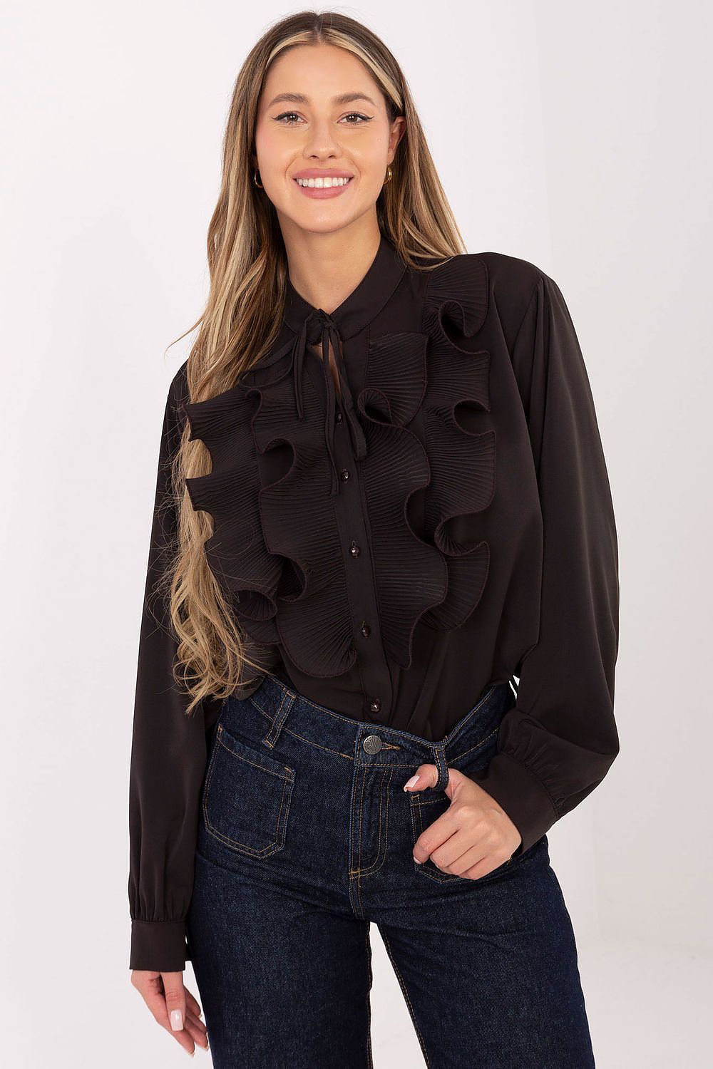Black women's ruffle long-sleeve shirt with keyhole tie neck and button front