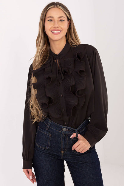 Black women's ruffle long-sleeve shirt with keyhole tie neck and button front