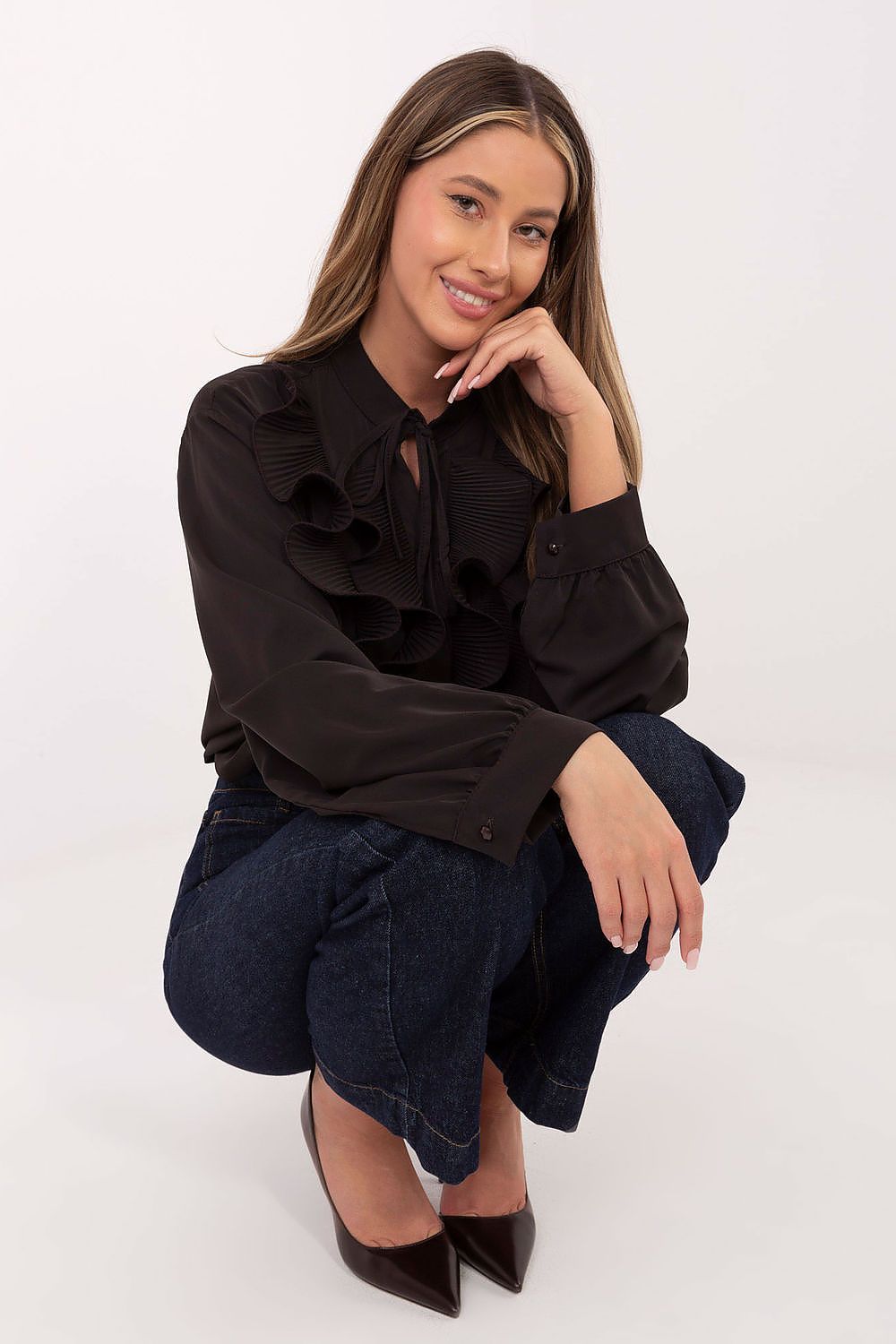 Black ruffle long-sleeve shirt with keyhole tie neck and layered ruffle detailing