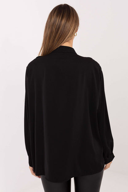 Women’s black ruffle long-sleeve button shirt, back view