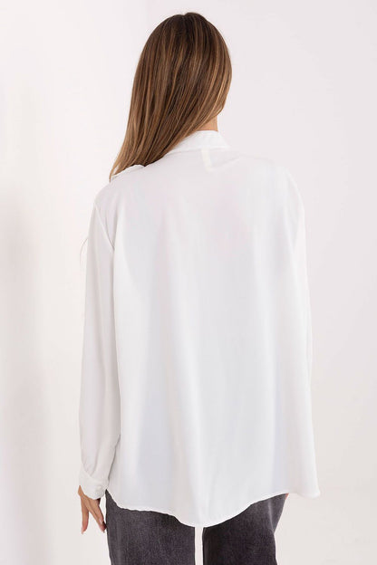 Women’s white ruffle long-sleeve button shirt, back view