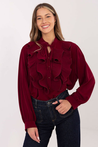 Women’s burgundy ruffle long-sleeve button shirt with layered front accents