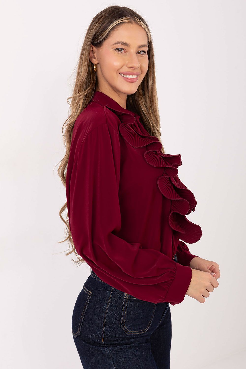 Women’s burgundy ruffle long-sleeve button shirt with shoulder ruffle detail