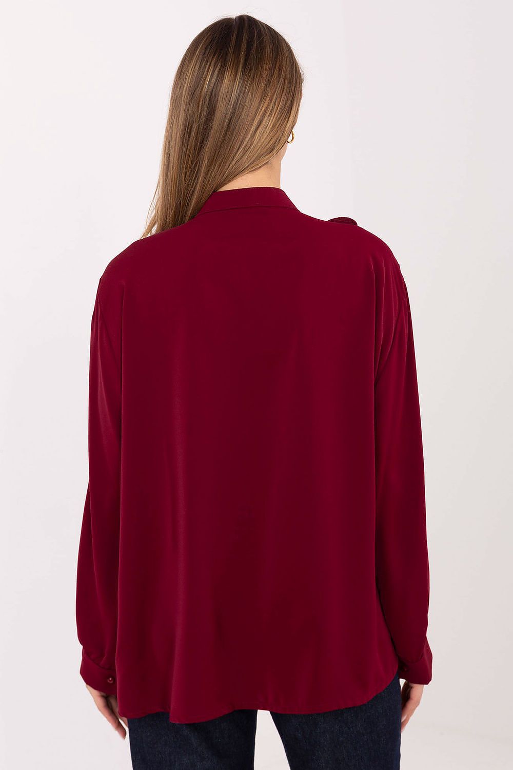 Women’s burgundy ruffle long-sleeve button shirt, back view