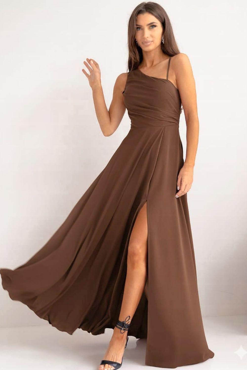 Brown long dress with spaghetti straps, fitted bodice, and front slit