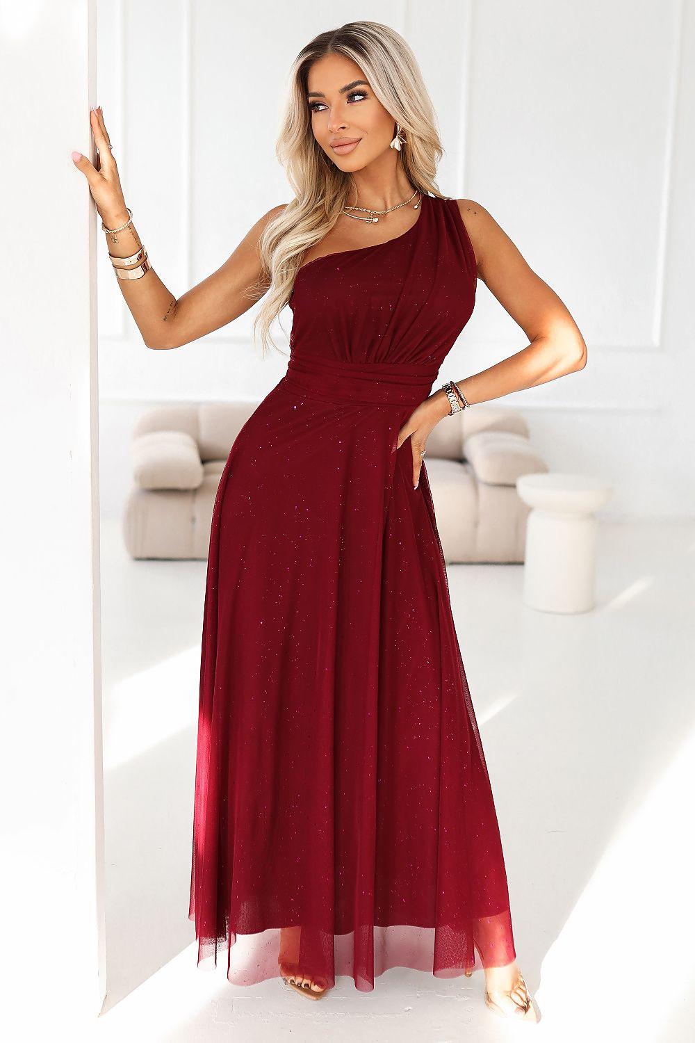 Long maroon evening dress with sleeveless bodice and gathered waist, flowing tulle skirt