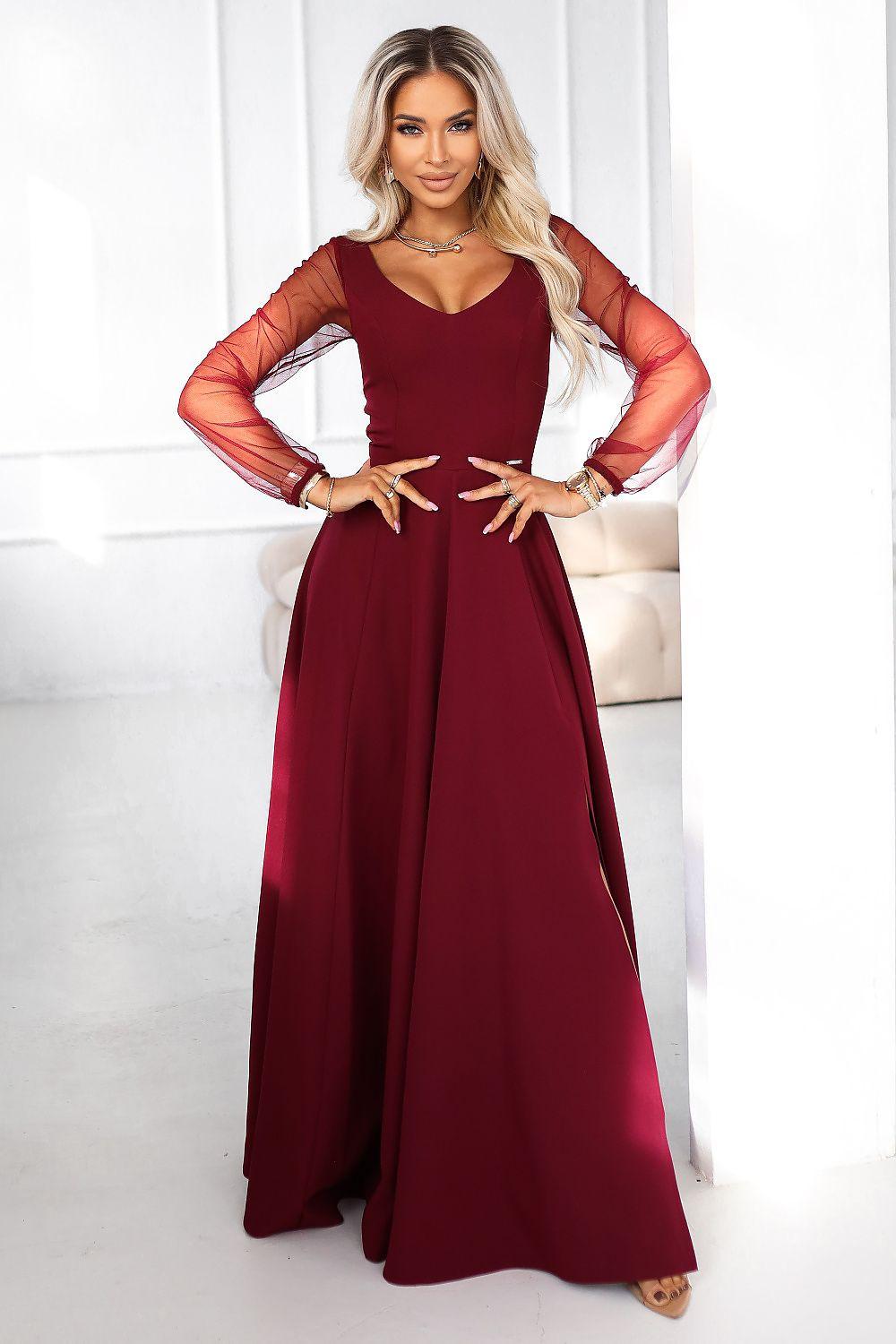 Burgundy maxi dress with sheer long tulle sleeves and V neckline, fitted bodice