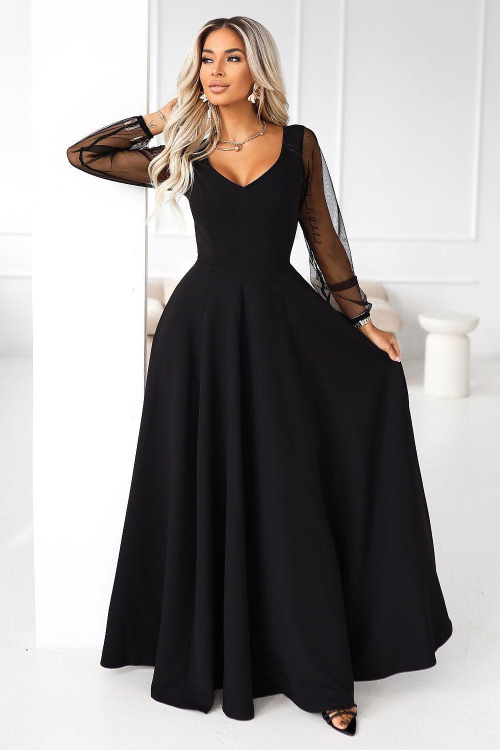 Black maxi dress with sheer tulle sleeves, V-neck, fitted bodice, full flared skirt