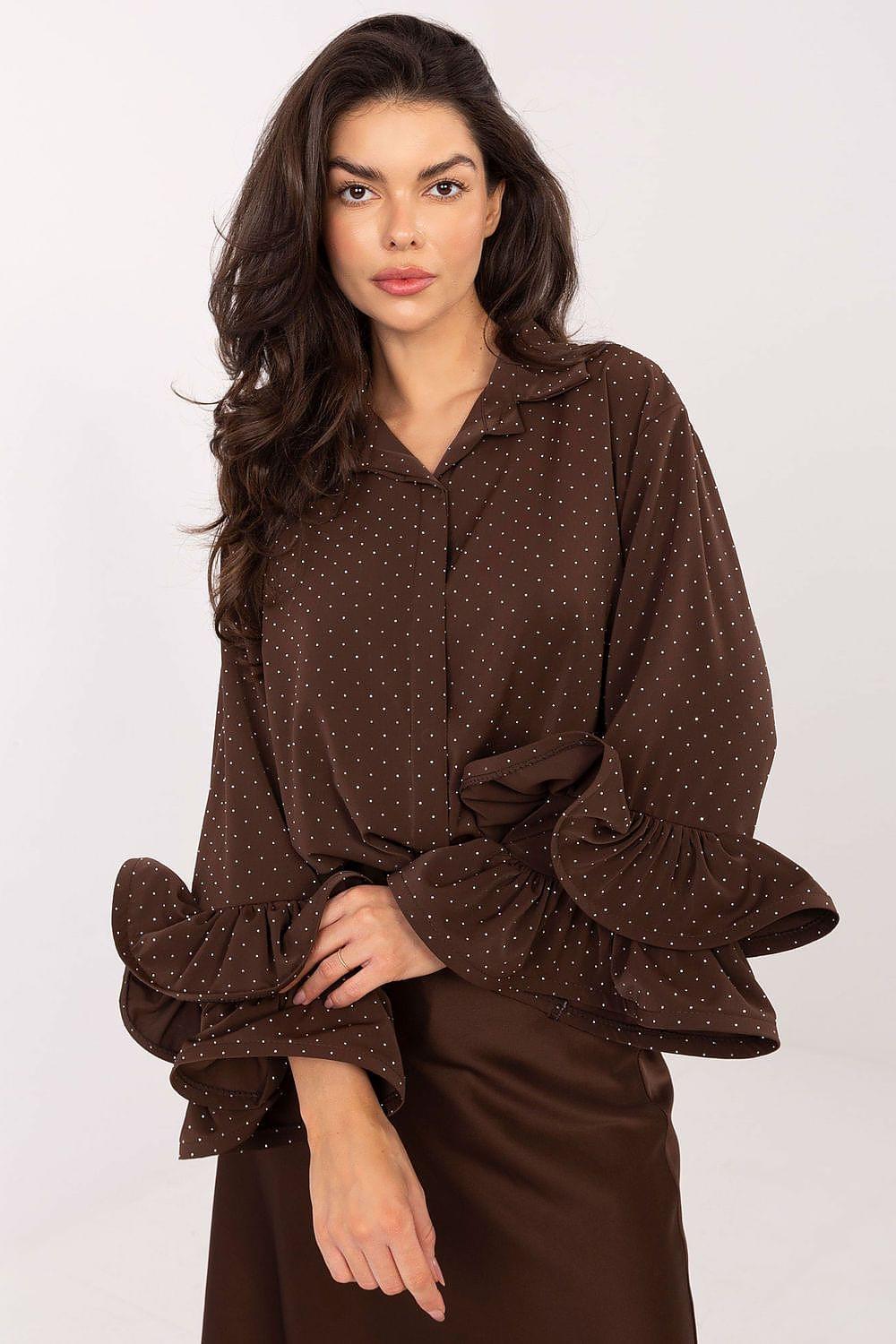Brown long sleeve button-up shirt with small print, V-neck collar, tie cuffs.