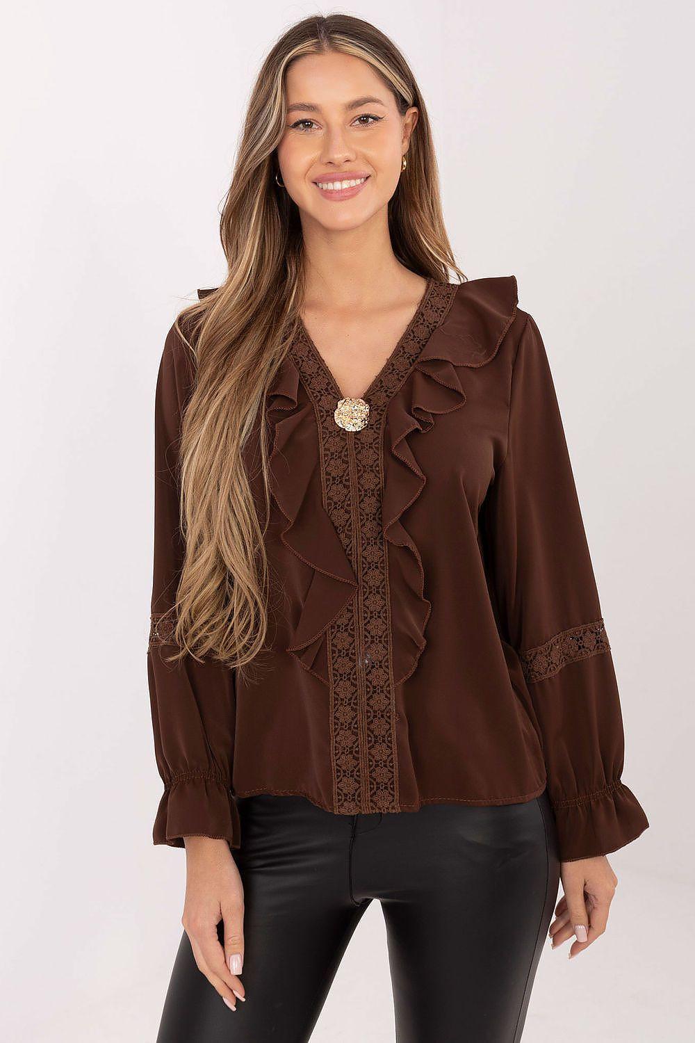 Brown blouse with front ruffle detail and embroidered yoke, long sleeves