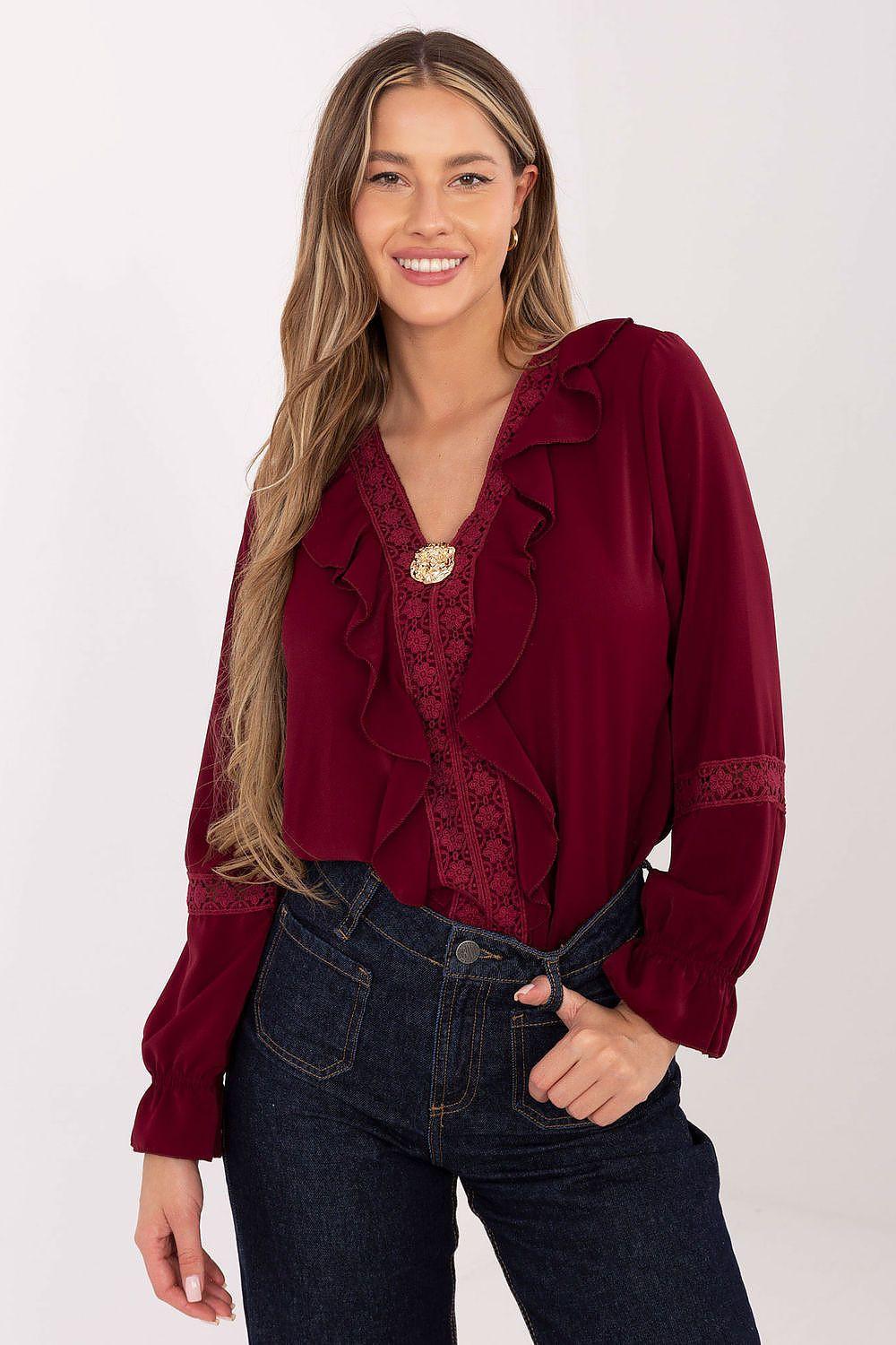 Red blouse with ruffle front and lace-trim V yoke