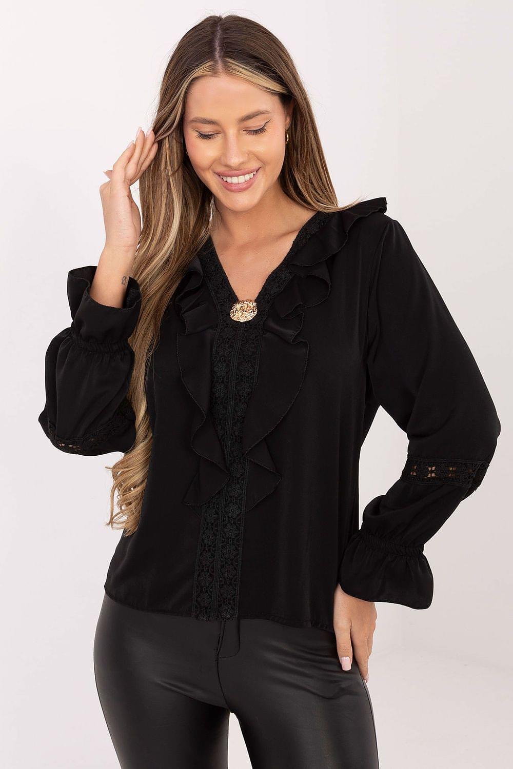 Black ruffle-front blouse with V neckline, long sleeves and pintuck detail