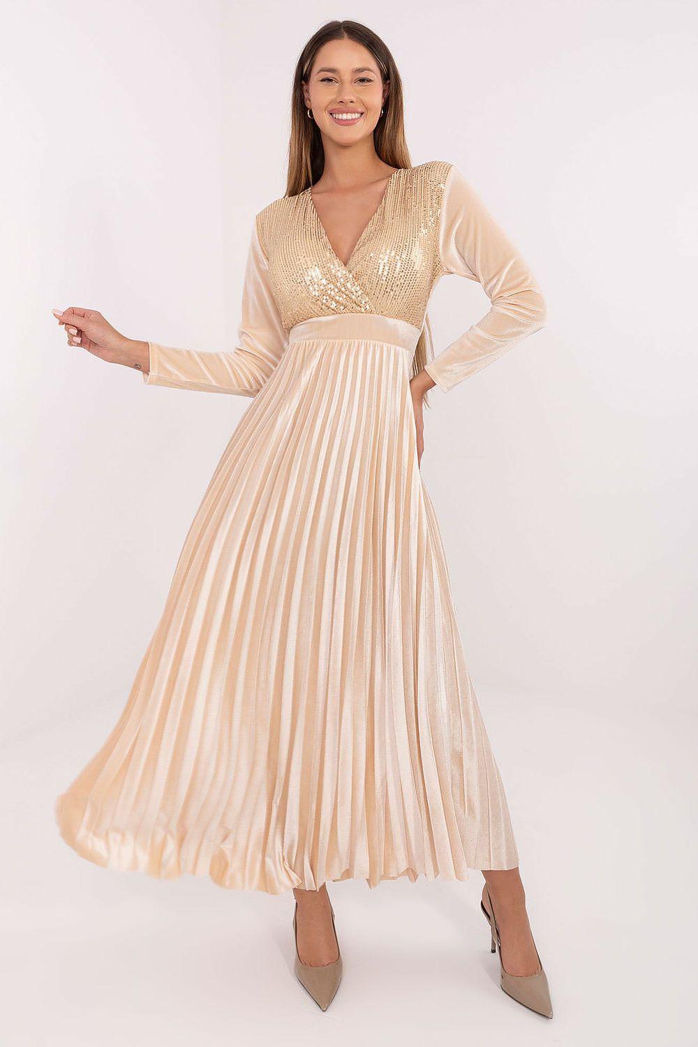 Beige sequin top maxi dress with pleated skirt, V-neck and long sleeves
