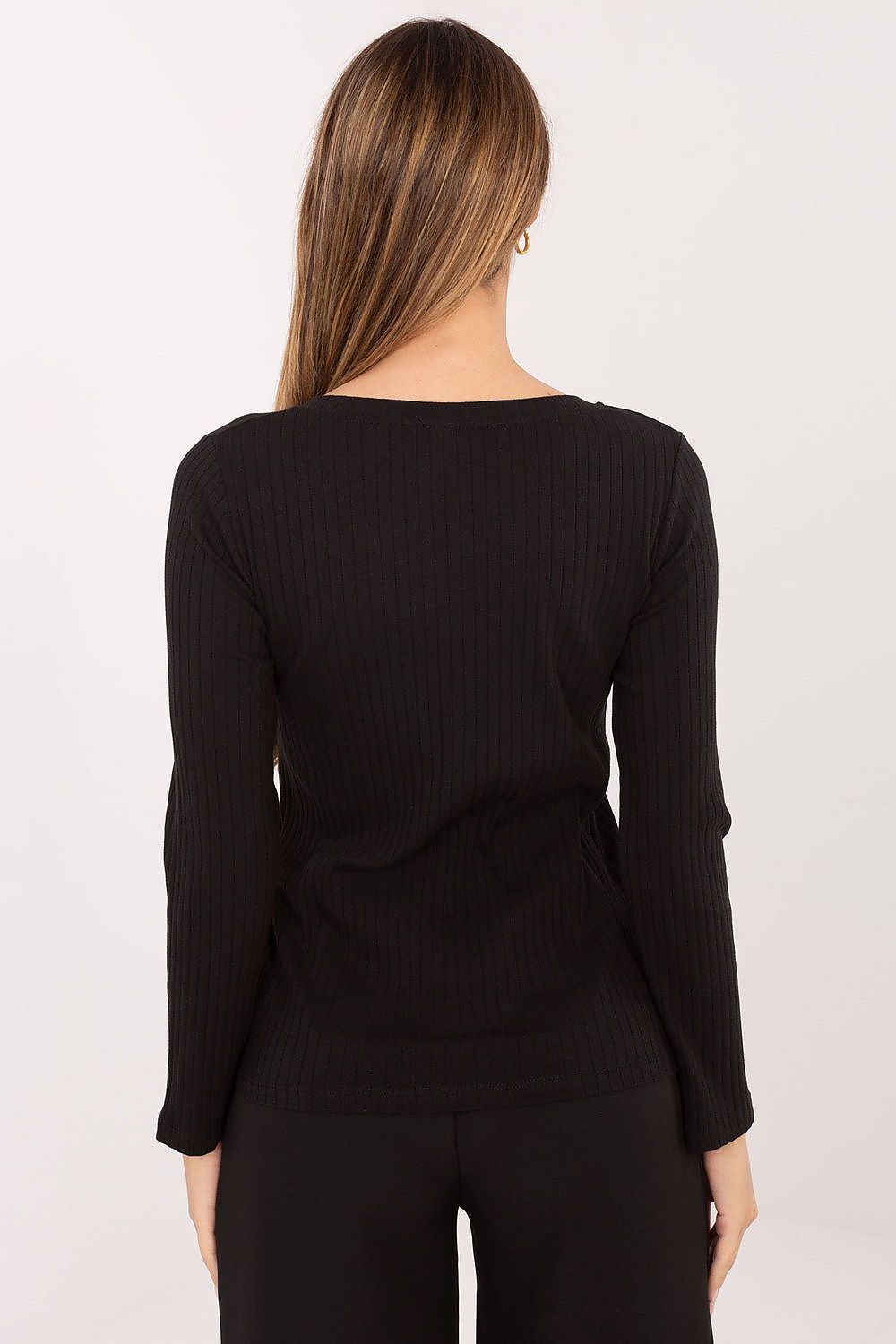 Black ribbed long-sleeve blouse, back view with waist tie