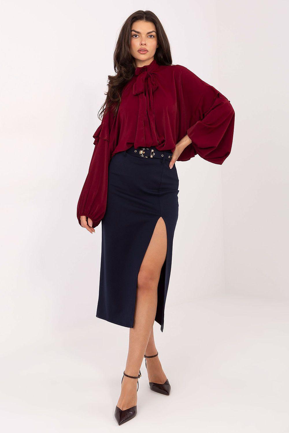 Navy midi pencil skirt with front slit and stitched belted waist