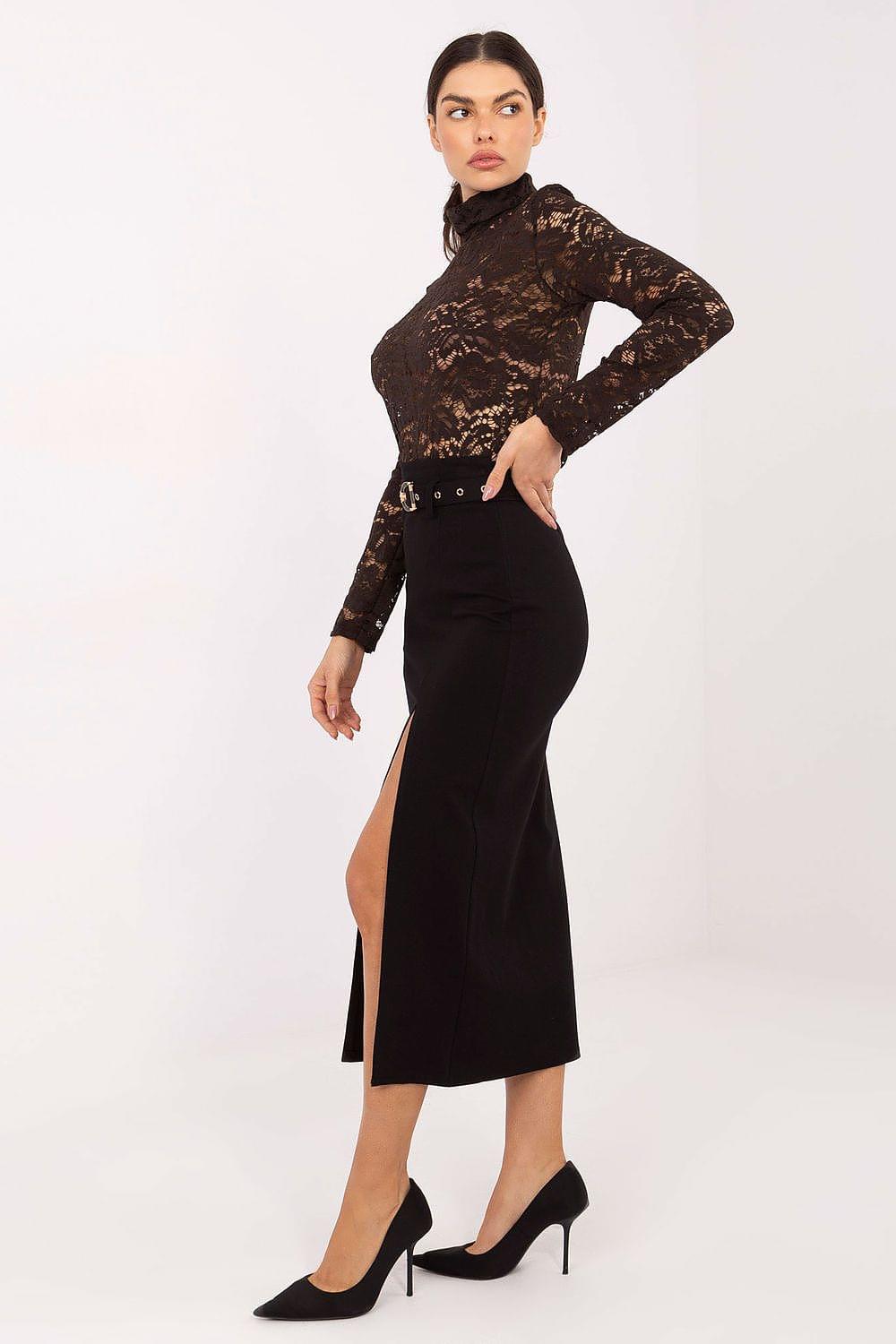 Black midi pencil skirt with front slit and high waist belt loops