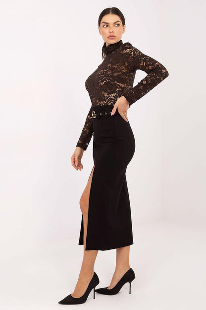 Black midi pencil skirt with front slit and high waist belt loops
