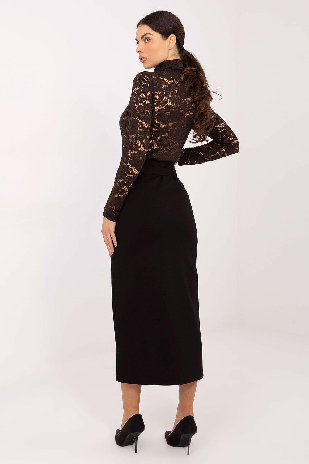 Black midi pencil skirt with front slit detail and belted waist