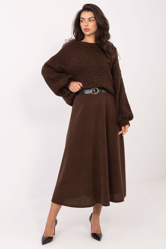 Brown ribbed knitted midi skirt with A-line flare and long hem