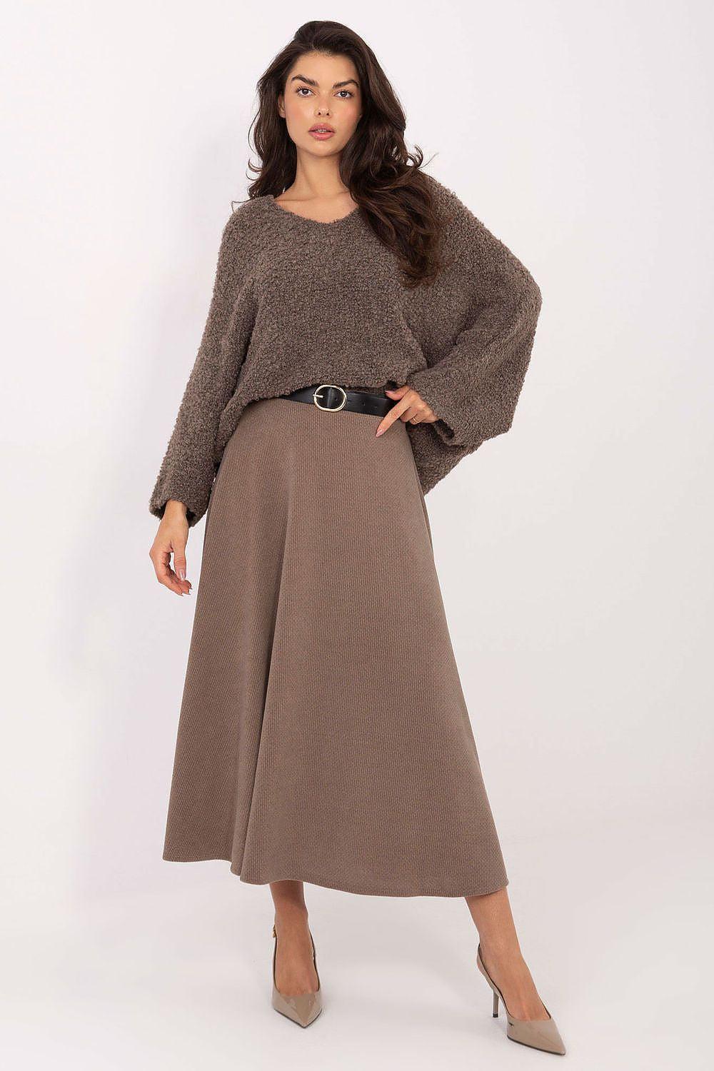 Brown midi A-line skirt with elastic waistband and belt, below-knee length