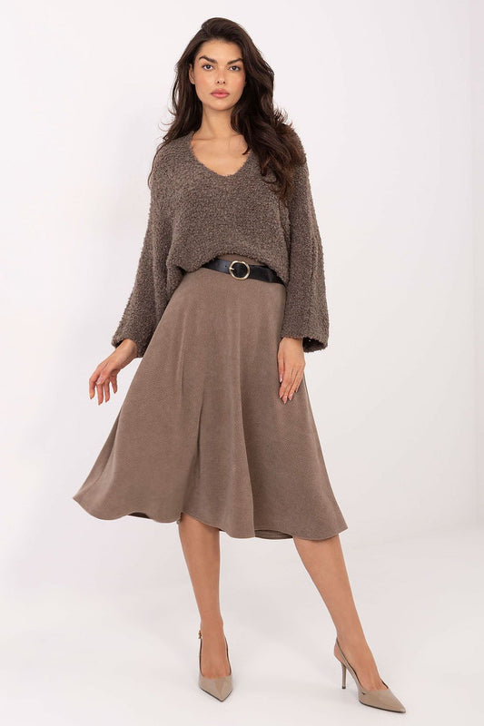 Beige flared knit midi skirt with ribbed texture and wide waistband