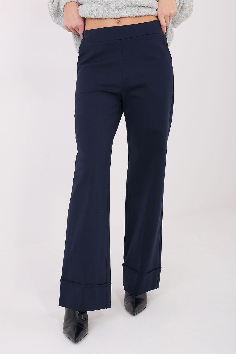 High-waist wide-leg navy trousers with straight front and flared hems