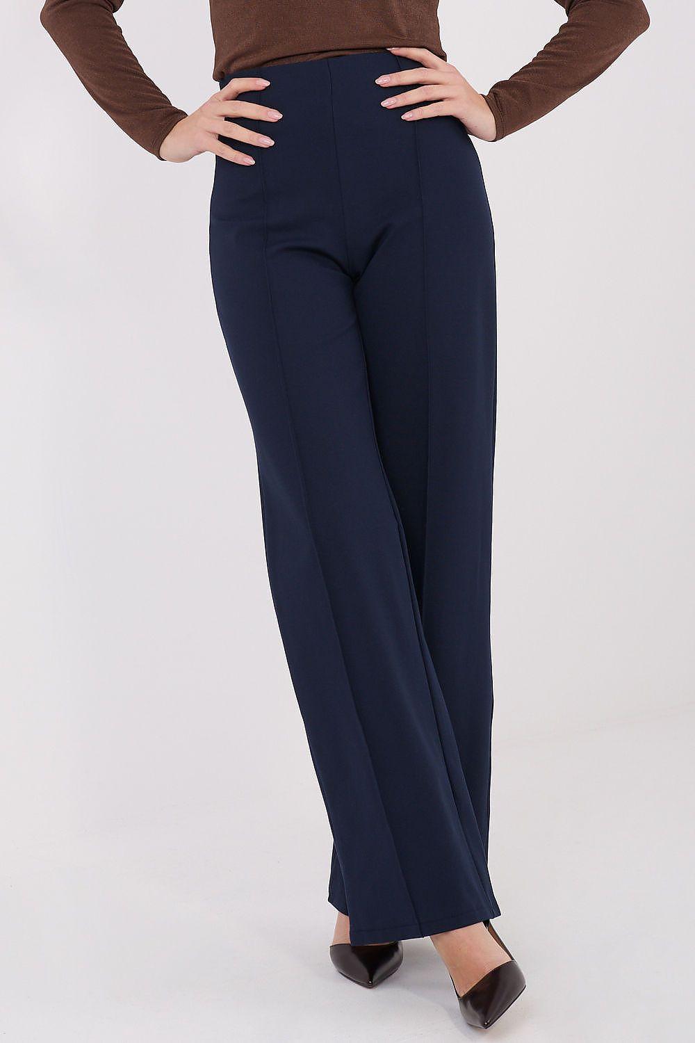 High-waist wide-leg trousers in navy blue, pressed front crease.
