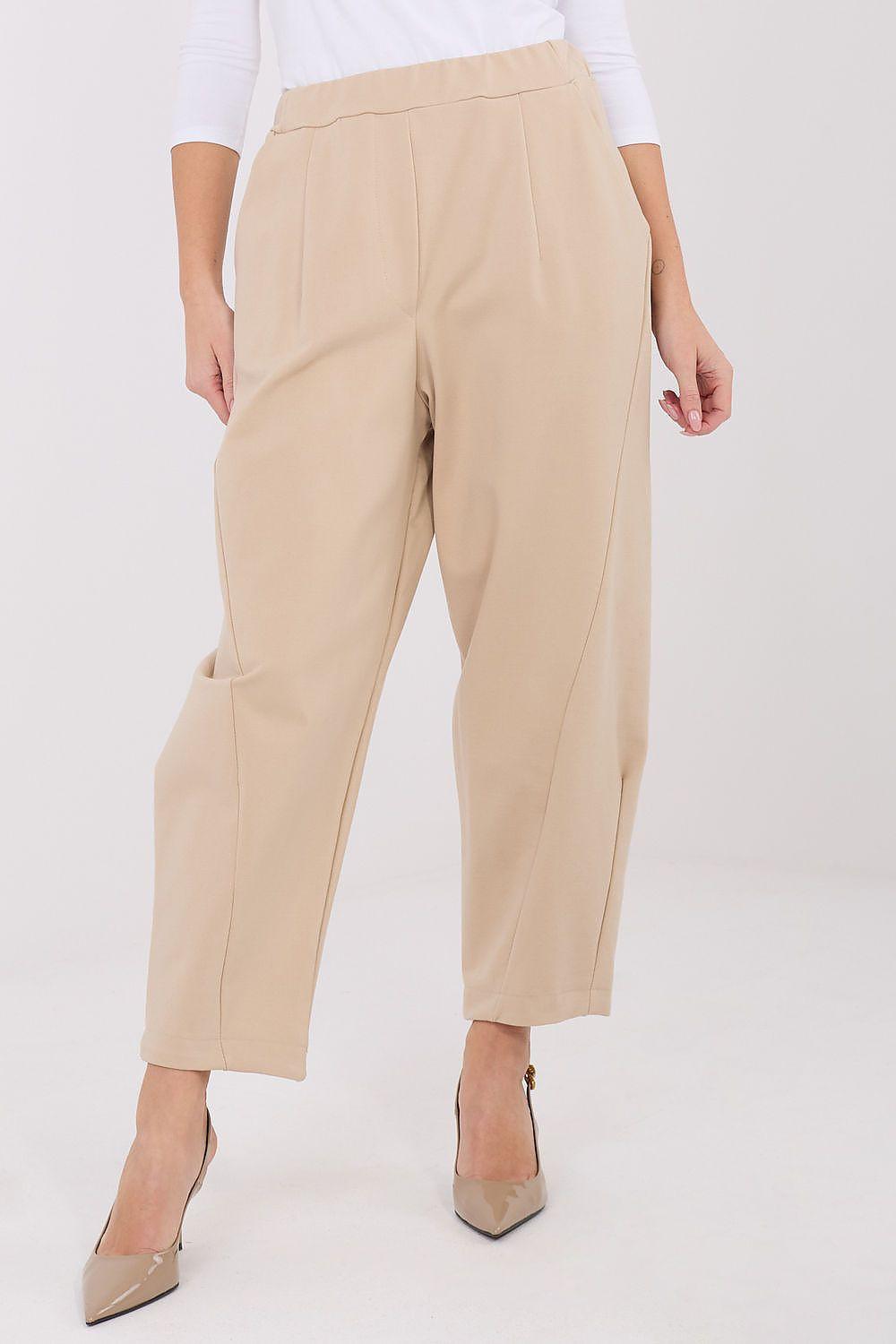 Beige high-waist tapered trousers with relaxed fit waistband and ankle-length legs